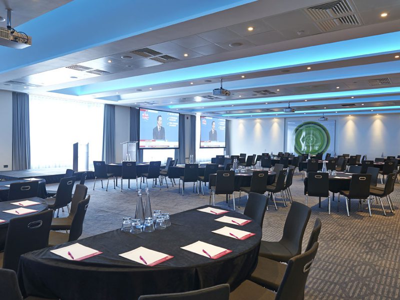Example of DMX colour lighting being used in a conference room.